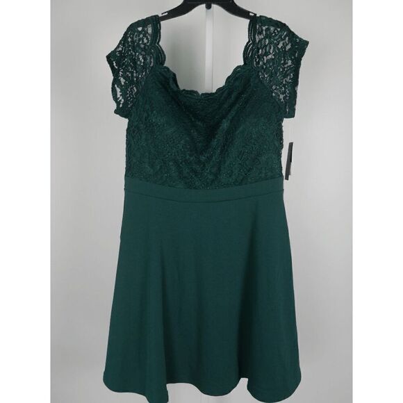 City Studios Women's Trendy Plus Size Green Lace-Bodice Off-The-Shoulder Dress 2 - Picture 2 of 9